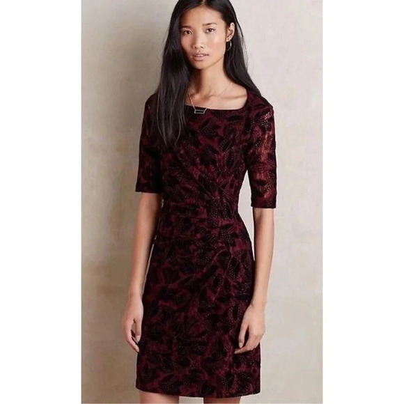 Anthropologie Maeve Velvet Burnout Dress Women's Size 4 Ruched Half Sleeve - Picture 1 of 8